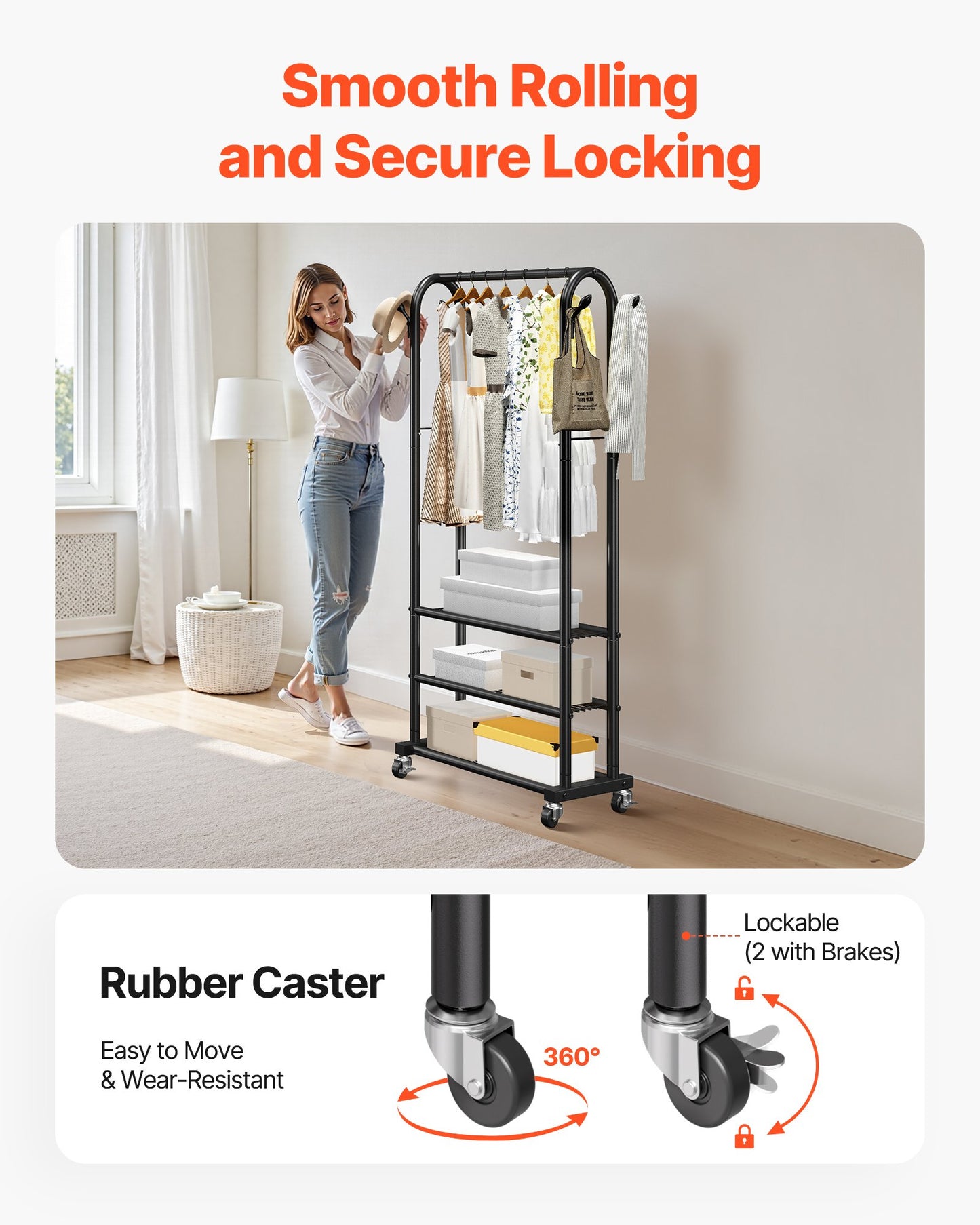 Clothes Rack, Rolling Clothing Garment Rack with Hanging Rod and Side Hooks, 3 Storage Shelves, 99 lbs Load Capacity, Heavy Duty Carbon Steel Clothing Racks for Bedroom, Laundry, Living Room