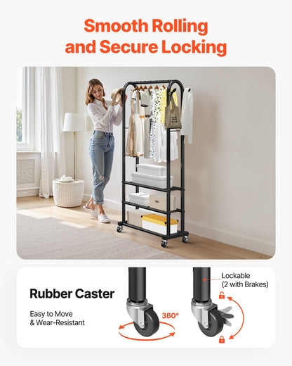 Clothes Rack, Rolling Clothing Garment Rack with Hanging Rod and Side Hooks, 3 Storage Shelves, 99 lbs Load Capacity, Heavy Duty Carbon Steel Clothing Racks for Bedroom, Laundry, Living Room