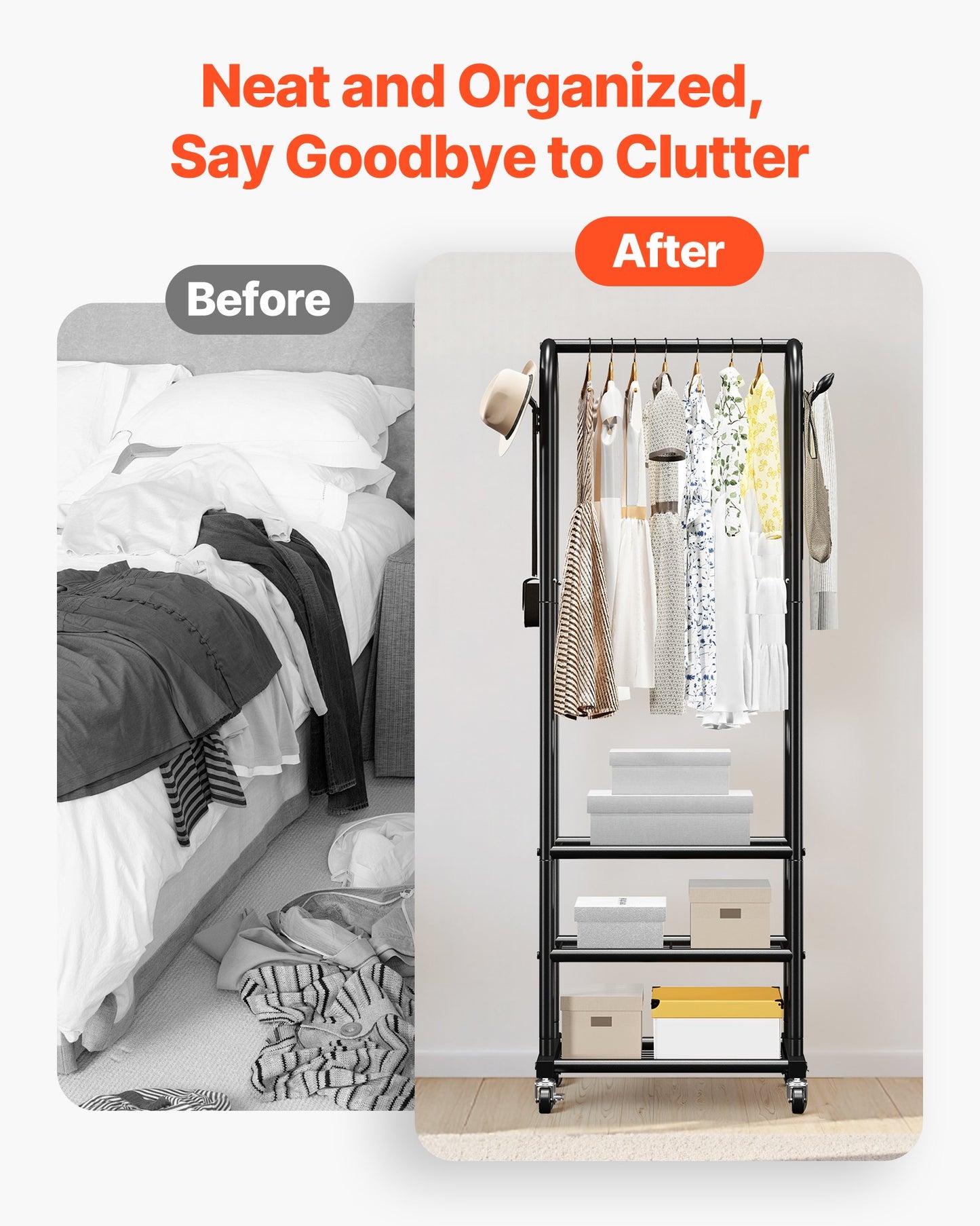 Clothes Rack, Rolling Clothing Garment Rack with Hanging Rod and Side Hooks, 3 Storage Shelves, 99 lbs Load Capacity, Heavy Duty Carbon Steel Clothing Racks for Bedroom, Laundry, Living Room