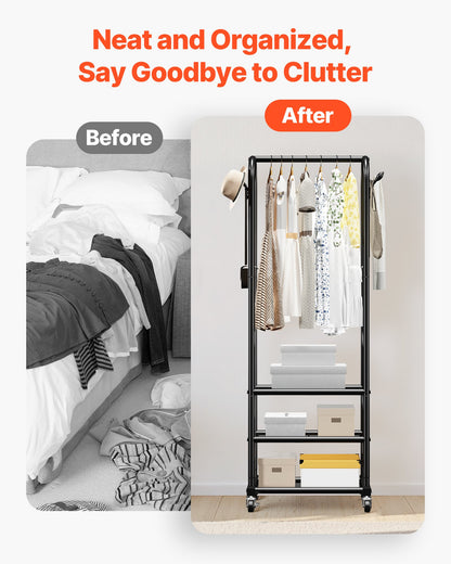 Clothes Rack, Rolling Clothing Garment Rack with Hanging Rod and Side Hooks, 3 Storage Shelves, 99 lbs Load Capacity, Heavy Duty Carbon Steel Clothing Racks for Bedroom, Laundry, Living Room