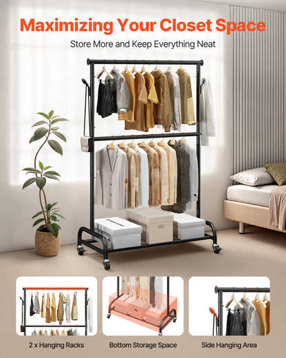 Clothes Rack, Rolling Clothing Garment Rack with Adjustable Crossbar and Side Hooks, 150 lbs Load Capacity, Heavy Duty Carbon Steel Clothing Racks with Wheels for Bedroom, Laundry, Living Room