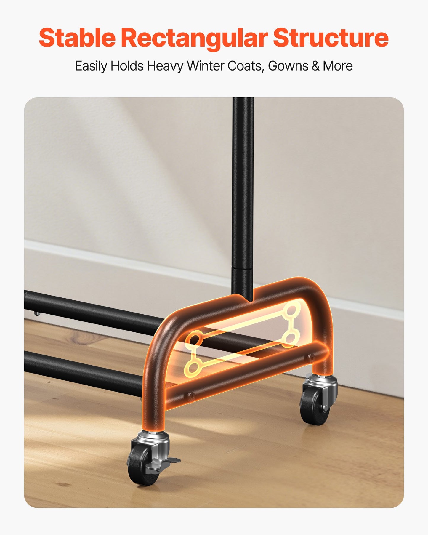 Clothes Rack, Rolling Clothing Garment Rack with Adjustable Crossbar and Side Hooks, 150 lbs Load Capacity, Heavy Duty Carbon Steel Clothing Racks with Wheels for Bedroom, Laundry, Living Room