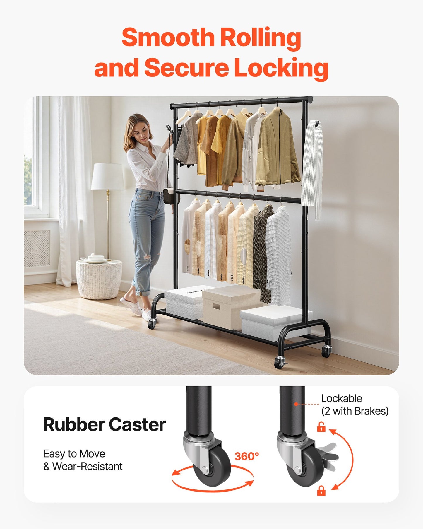 Clothes Rack, Rolling Clothing Garment Rack with Adjustable Crossbar and Side Hooks, 150 lbs Load Capacity, Heavy Duty Carbon Steel Clothing Racks with Wheels for Bedroom, Laundry, Living Room