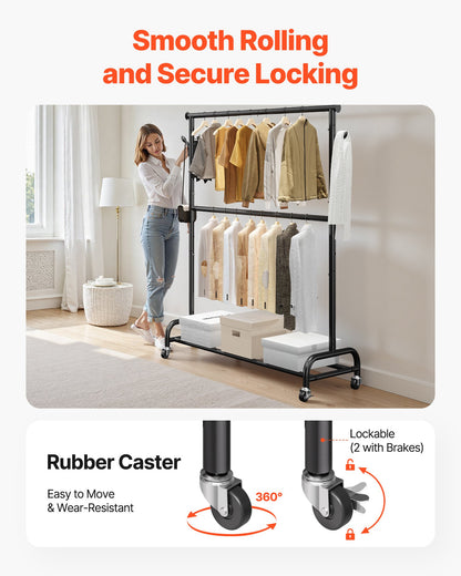 Clothes Rack, Rolling Clothing Garment Rack with Adjustable Crossbar and Side Hooks, 150 lbs Load Capacity, Heavy Duty Carbon Steel Clothing Racks with Wheels for Bedroom, Laundry, Living Room