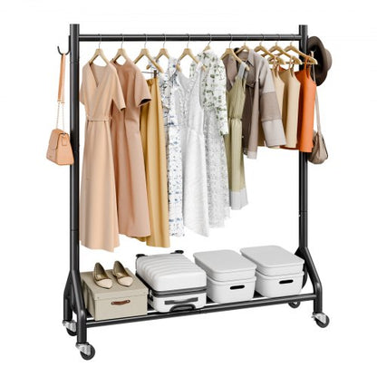 Clothes Rack, Rolling Clothing Garment Rack with Hanging Rod and Side Hooks, 198 lbs Load Capacity, Heavy Duty Carbon Steel Clothing Racks with Wheels, Ideal for Bedroom, Laundry, Living Room