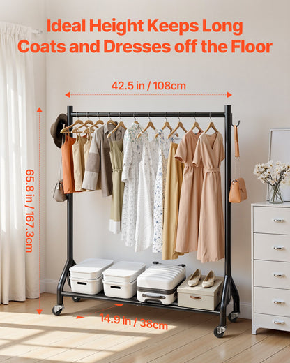 Clothes Rack, Rolling Clothing Garment Rack with Hanging Rod and Side Hooks, 198 lbs Load Capacity, Heavy Duty Carbon Steel Clothing Racks with Wheels, Ideal for Bedroom, Laundry, Living Room