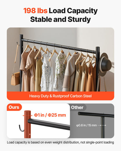 Clothes Rack, Rolling Clothing Garment Rack with Hanging Rod and Side Hooks, 198 lbs Load Capacity, Heavy Duty Carbon Steel Clothing Racks with Wheels, Ideal for Bedroom, Laundry, Living Room