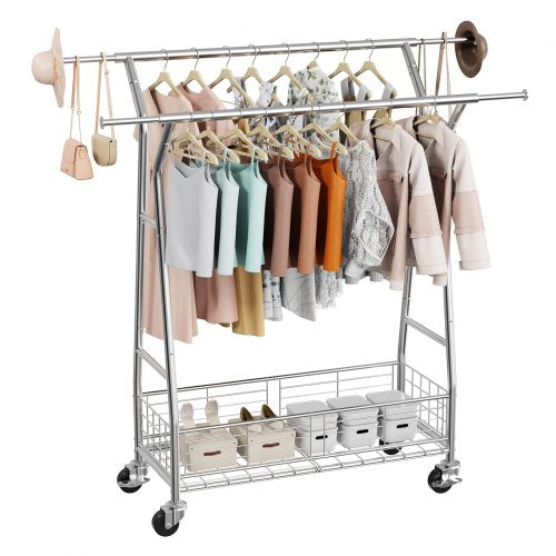 Clothes Rack, Rolling Clothing Garment Rack with 2 Hanging Rods and Storage Basket, 330 lbs Load Capacity, Extendable Carbon Steel Clothing Racks with Wheels for Bedroom, Laundry, Living Room