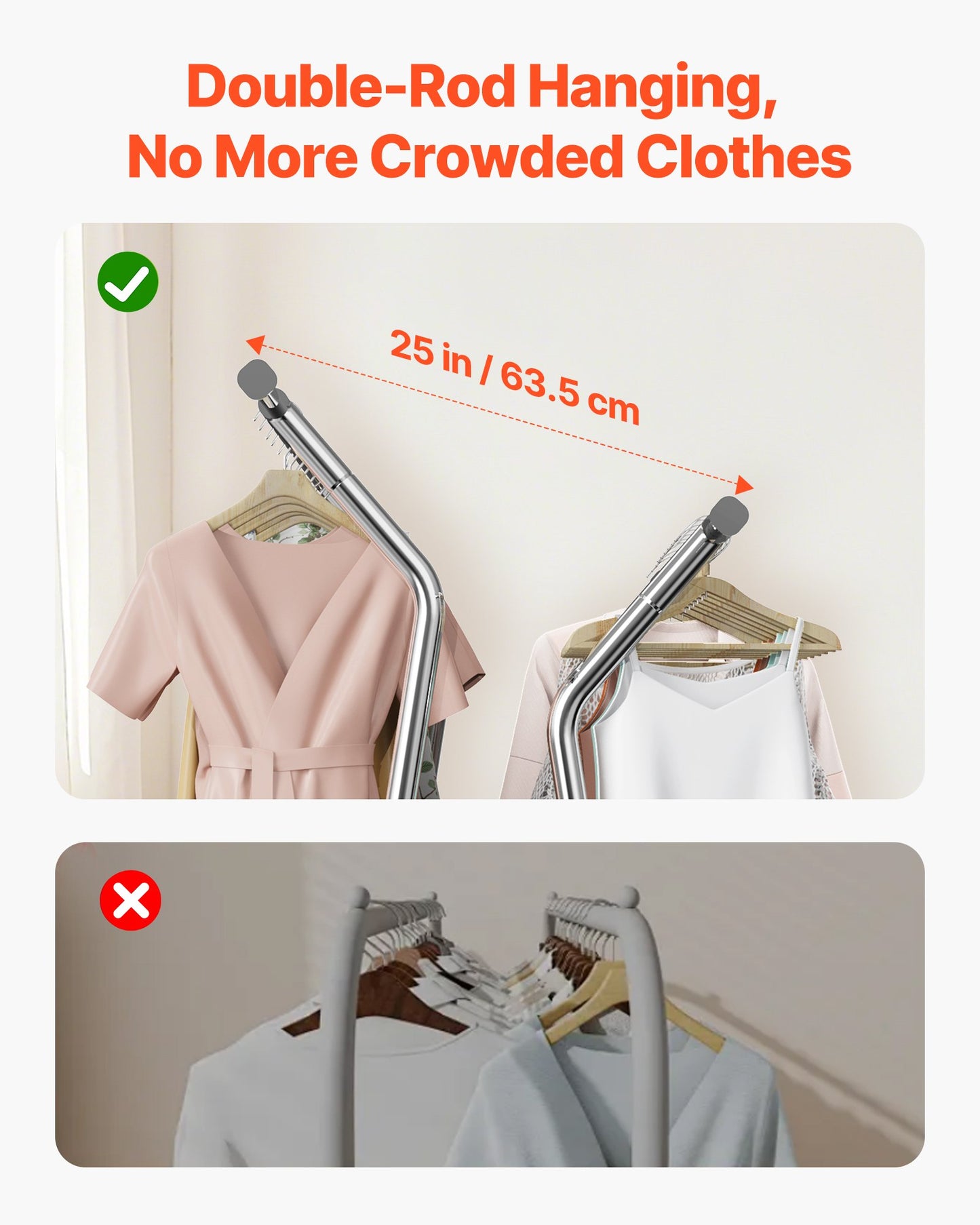 Clothes Rack, Rolling Clothing Garment Rack with 2 Hanging Rods and Storage Basket, 330 lbs Load Capacity, Extendable Carbon Steel Clothing Racks with Wheels for Bedroom, Laundry, Living Room