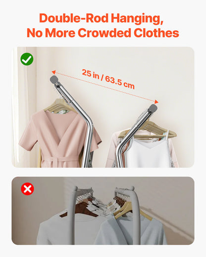 Clothes Rack, Rolling Clothing Garment Rack with 2 Hanging Rods and Storage Basket, 330 lbs Load Capacity, Extendable Carbon Steel Clothing Racks with Wheels for Bedroom, Laundry, Living Room