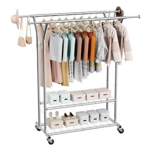 Clothes Rack, Rolling Clothing Garment Rack with 2 Hanging Rods and 2 Storage Shelves, 264 lbs Load Capacity, Adjustable Height Carbon Steel Clothing Racks for Bedroom, Laundry, Living Room