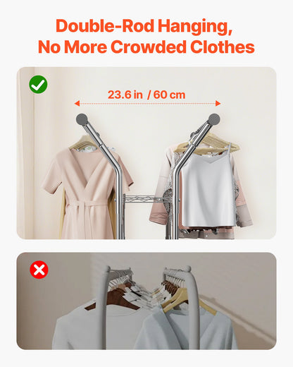 Clothes Rack, Rolling Clothing Garment Rack with 2 Hanging Rods and 2 Storage Shelves, 264 lbs Load Capacity, Adjustable Height Carbon Steel Clothing Racks for Bedroom, Laundry, Living Room