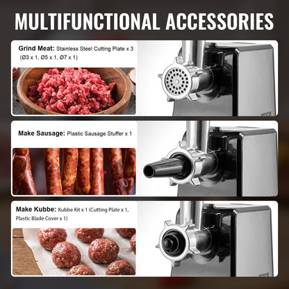 Meat Grinder, 3 Lbs/Min Capacity Electric Meat Grinders with Blade, Grinding Plate, Sausage Maker, Kubbe Kit, Stainless Steel Meat Mincer for Home Kitchen