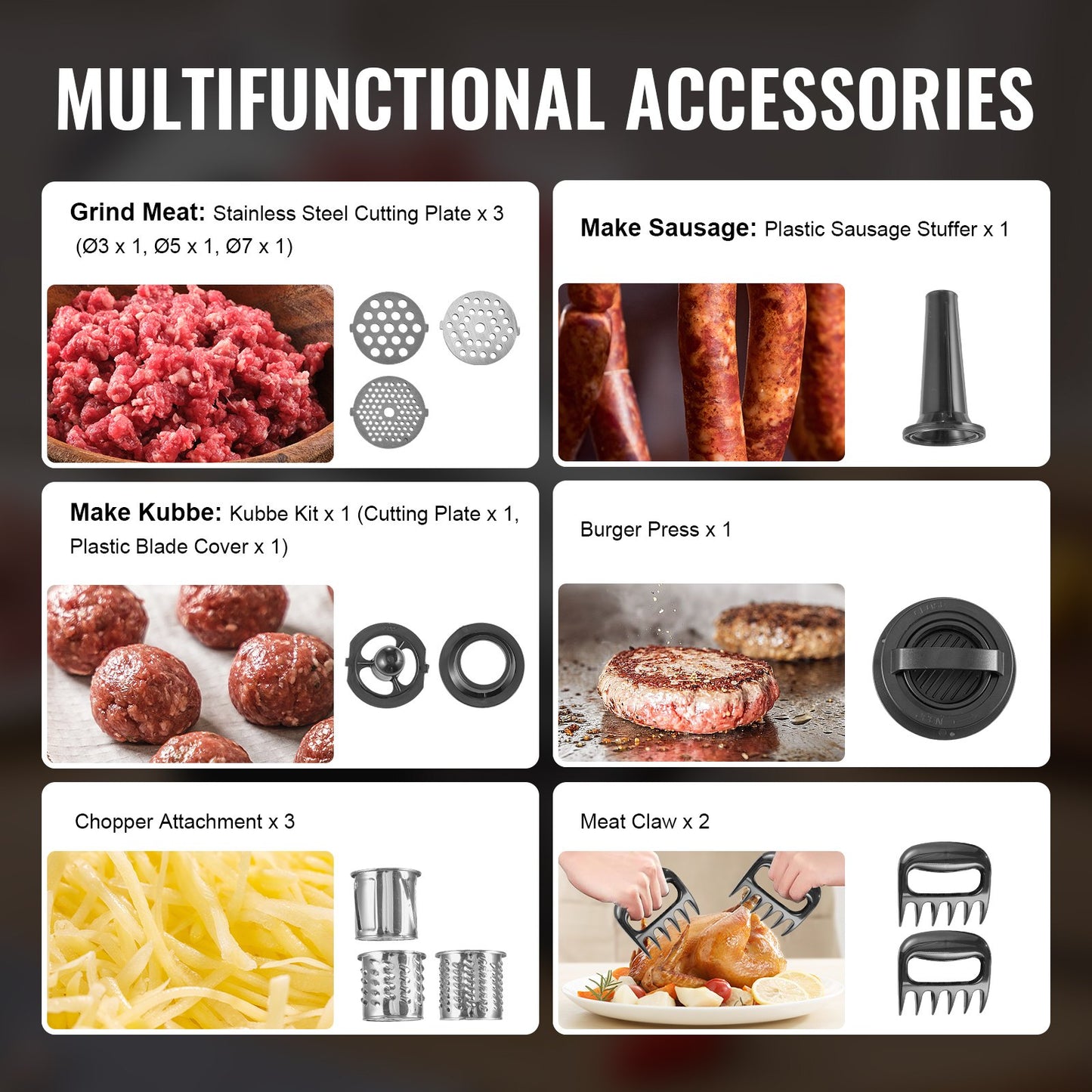 Meat Grinder, 3 Lbs/Min Capacity Electric Meat Grinders with Blade, Grinding Plate, Sausage Maker, Kubbe Kit, Burger Press, Chopper Attachment, Stainless Steel Meat Mincer for Home Kitchen