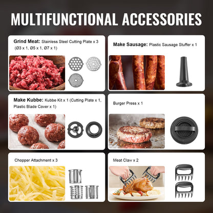 Meat Grinder, 3 Lbs/Min Capacity Electric Meat Grinders with Blade, Grinding Plate, Sausage Maker, Kubbe Kit, Burger Press, Chopper Attachment, Stainless Steel Meat Mincer for Home Kitchen