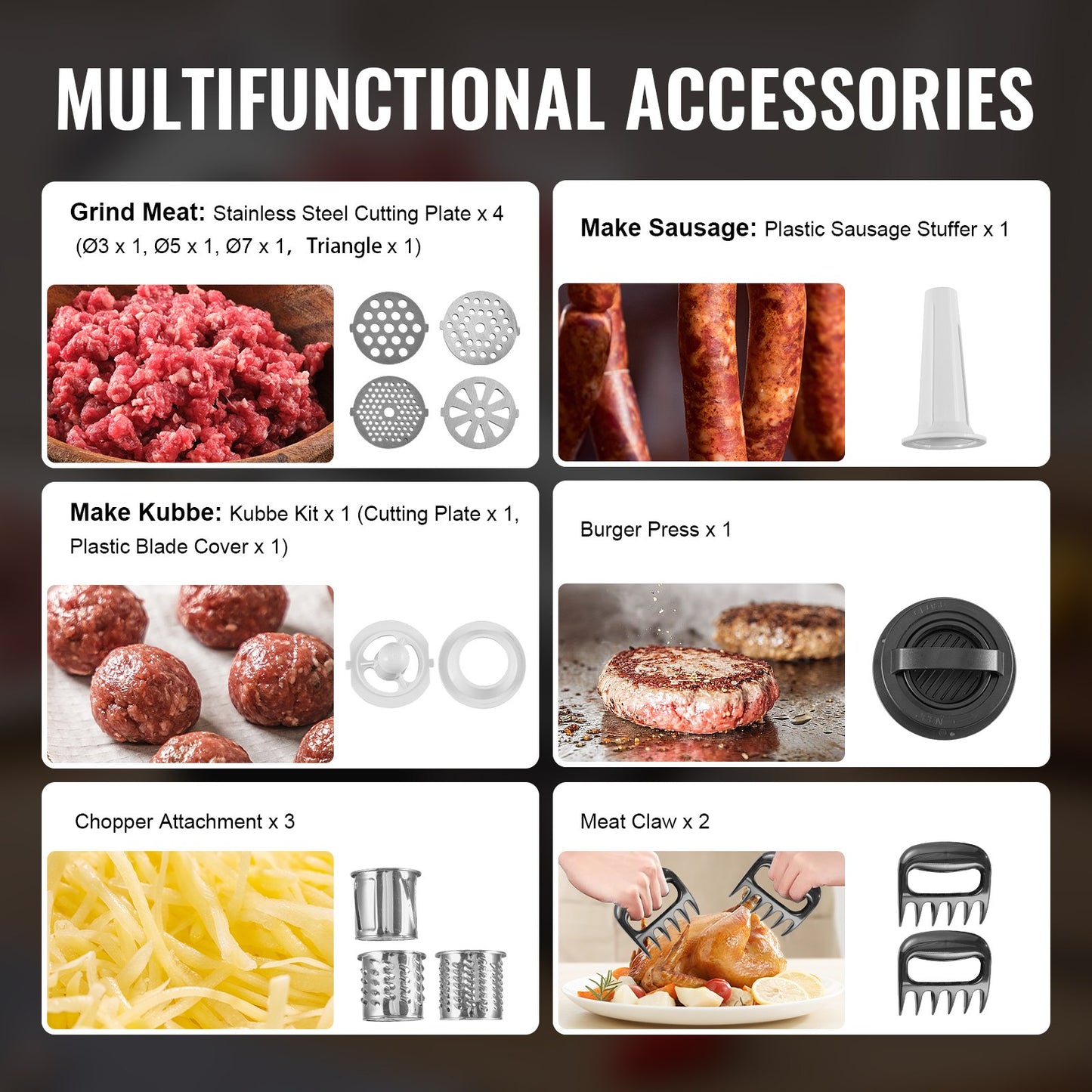 Meat Grinder, 4.2 Lbs/Min Capacity Electric Meat Grinders with Blade, Grinding Plate, Sausage Maker, Kubbe Kit, Burger Press, Chopper Attachment, Stainless Steel Meat Mincer for Home Kitchen