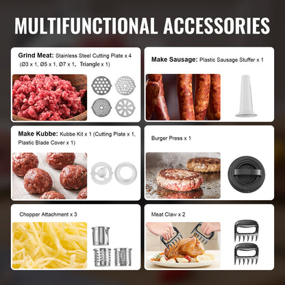 Meat Grinder, 4.2 Lbs/Min Capacity Electric Meat Grinders with Blade, Grinding Plate, Sausage Maker, Kubbe Kit, Burger Press, Chopper Attachment, Stainless Steel Meat Mincer for Home Kitchen