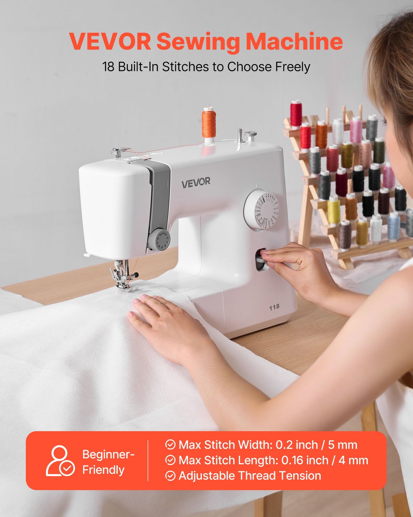 Sewing Machine, 18 Stitch Applications, with LED Light and Foot Pedal, Simple Dial Control, Interior Metal Frame, Lightweight and Portable Beginner Sewing Machine for Adults Crafts and Mending