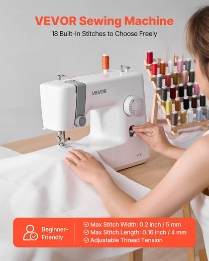 Sewing Machine, 18 Stitch Applications, with LED Light and Foot Pedal, Simple Dial Control, Interior Metal Frame, Lightweight and Portable Beginner Sewing Machine for Adults Crafts and Mending