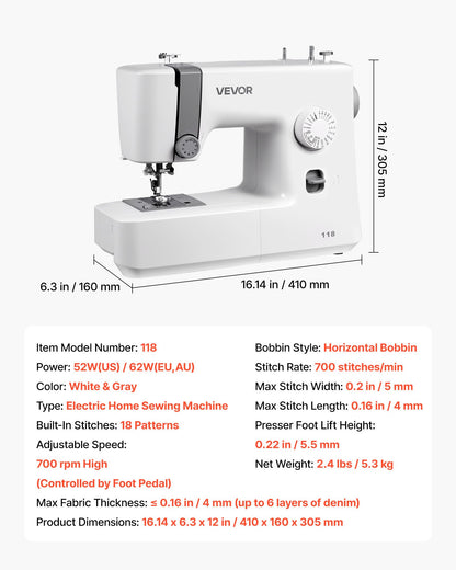 Sewing Machine, 18 Stitch Applications, with LED Light and Foot Pedal, Simple Dial Control, Interior Metal Frame, Lightweight and Portable Beginner Sewing Machine for Adults Crafts and Mending