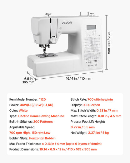 Computerized Sewing Machine, 200 Stitch Applications, with LCD Screen, Foot Pedal and LED Light, Heavy-Duty Metal Frame, Digital Sewing Machine with Powerful Motor for Crafts and Mending