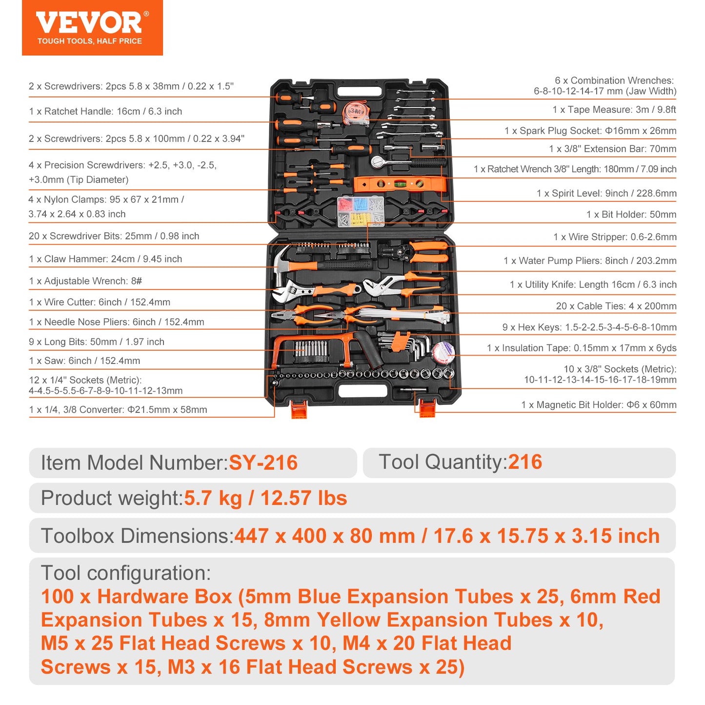 Tool Kit, 216 Piece General Household Hand Tool Set, Home Repairing Tool Kit with Portable Tool Storage Case, High-Quality Steel, for Home Maintenance, DIY Projects, and Automotive Repair
