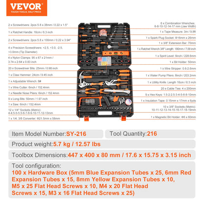 Tool Kit, 216 Piece General Household Hand Tool Set, Home Repairing Tool Kit with Portable Tool Storage Case, High-Quality Steel, for Home Maintenance, DIY Projects, and Automotive Repair