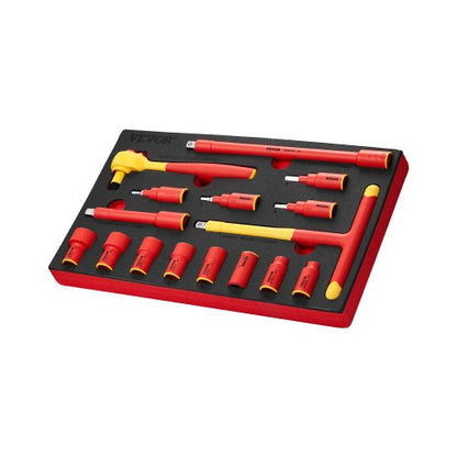 Insulated Socket Set, 16-Piece Insulated Wrench Tool Set, 1000V Insulated Socket Tool, with Insulated Sockets, Insulated T-Handle Wrench, Drive Rachet, Extensions, for Electricians Home Repair