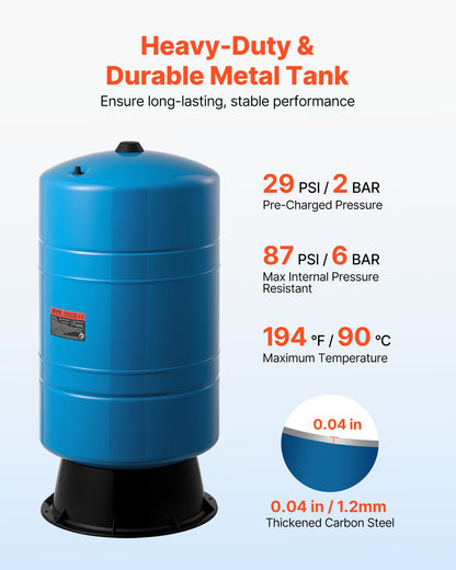20-Gallon Vertical Well Pressure Tank, Pre-Charged Pressurized Water Tank for Well Pumps, Heavy-Duty Carbon Steel Water Storage Container for Home, School, Farm & Irrigation Systems