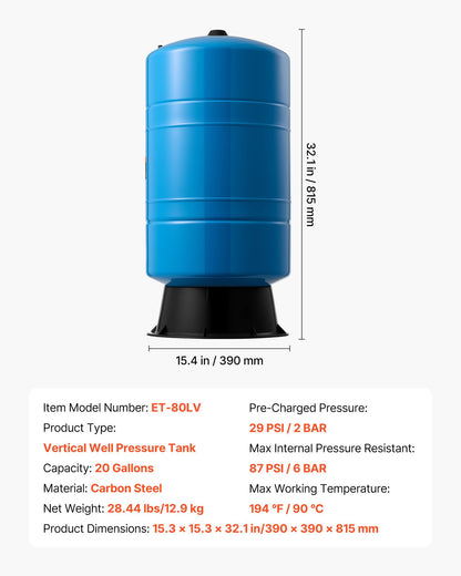 20-Gallon Vertical Well Pressure Tank, Pre-Charged Pressurized Water Tank for Well Pumps, Heavy-Duty Carbon Steel Water Storage Container for Home, School, Farm & Irrigation Systems