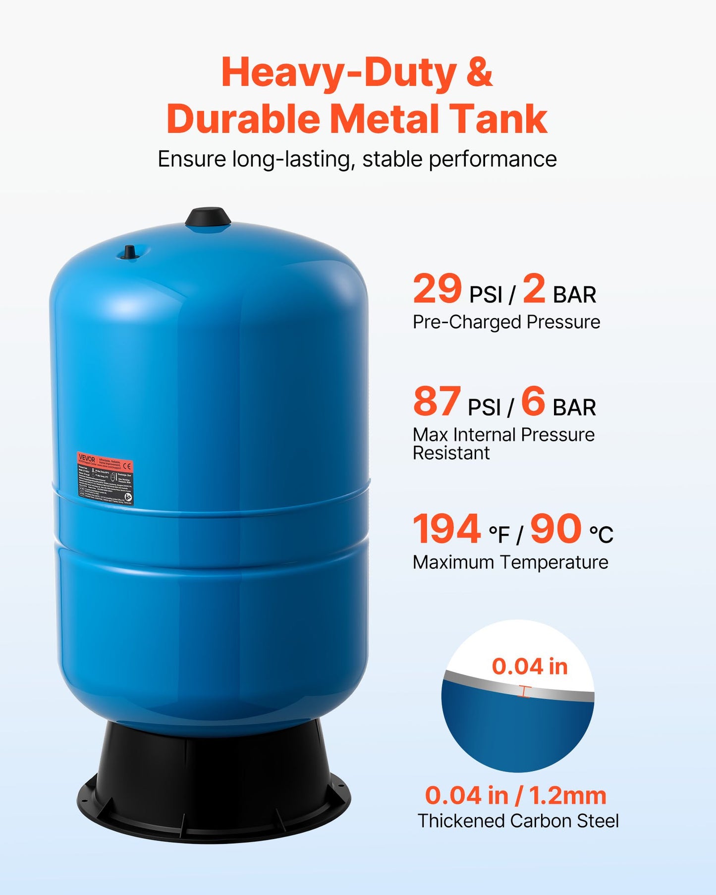 30-Gallon Vertical Well Pressure Tank, Pre-Charged Pressurized Water Tank for Well Pumps, Heavy-Duty Carbon Steel Water Storage Container for Home, School, Farm & Irrigation Systems
