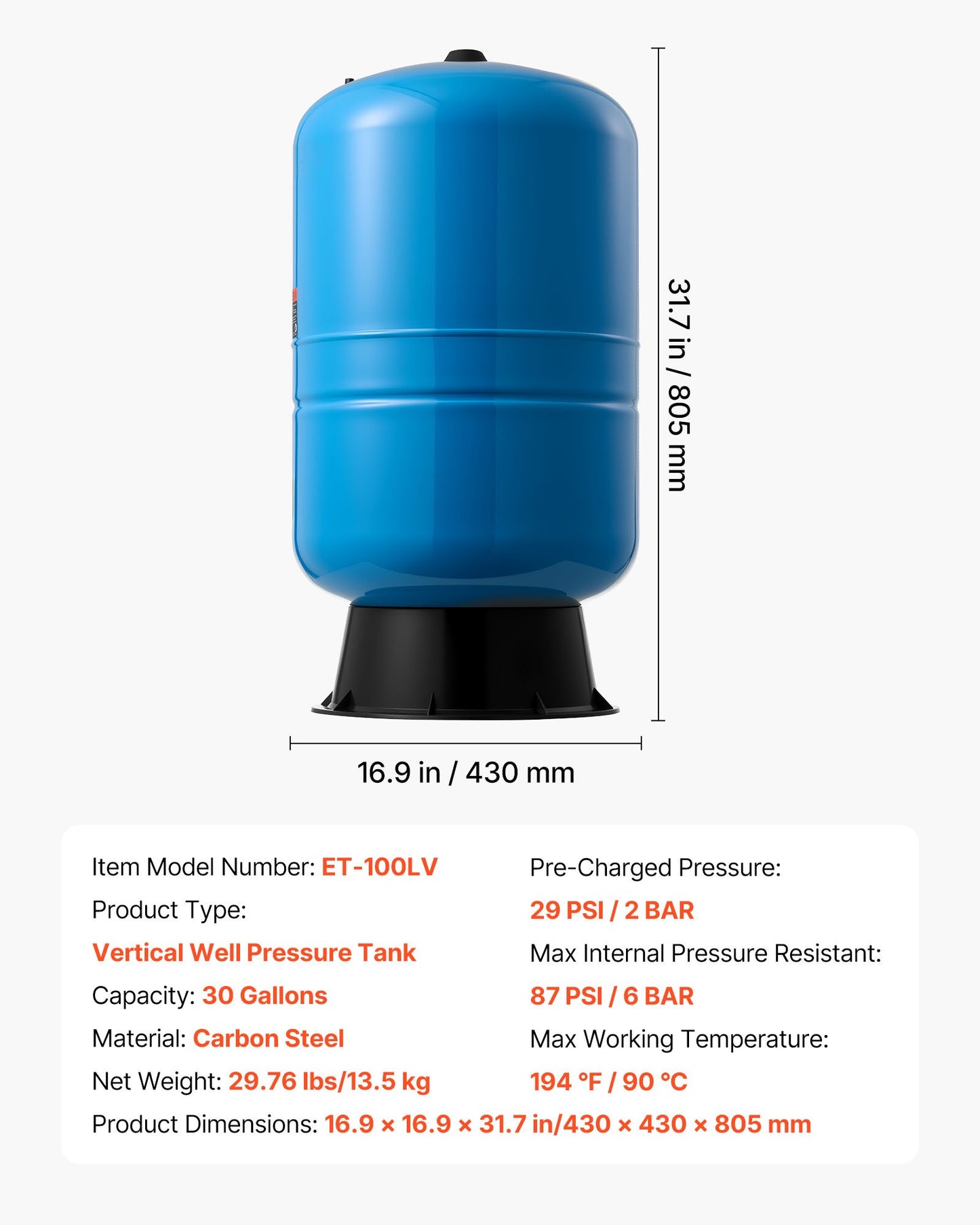 30-Gallon Vertical Well Pressure Tank, Pre-Charged Pressurized Water Tank for Well Pumps, Heavy-Duty Carbon Steel Water Storage Container for Home, School, Farm & Irrigation Systems