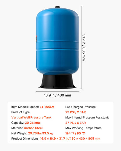 30-Gallon Vertical Well Pressure Tank, Pre-Charged Pressurized Water Tank for Well Pumps, Heavy-Duty Carbon Steel Water Storage Container for Home, School, Farm & Irrigation Systems
