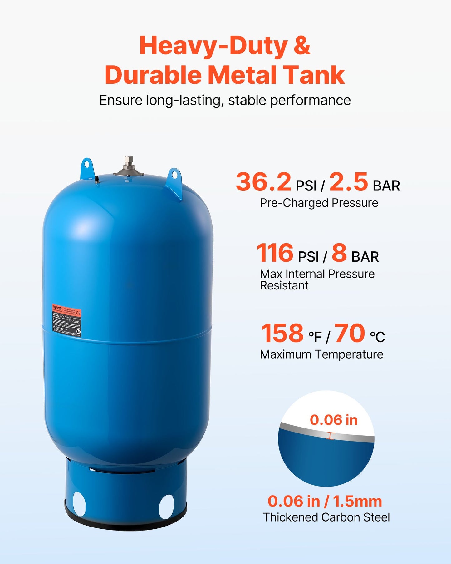 34-Gallon Vertical Well Pressure Tank, Pre-Charged Pressurized Water Tank for Well Pumps, Heavy-Duty Carbon Steel Water Storage Container for Home, School, Farm & Irrigation Systems