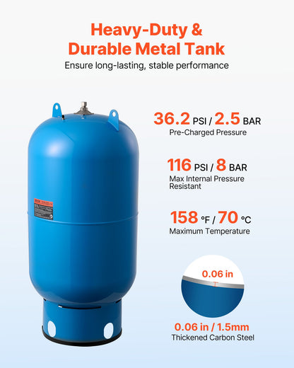 34-Gallon Vertical Well Pressure Tank, Pre-Charged Pressurized Water Tank for Well Pumps, Heavy-Duty Carbon Steel Water Storage Container for Home, School, Farm & Irrigation Systems