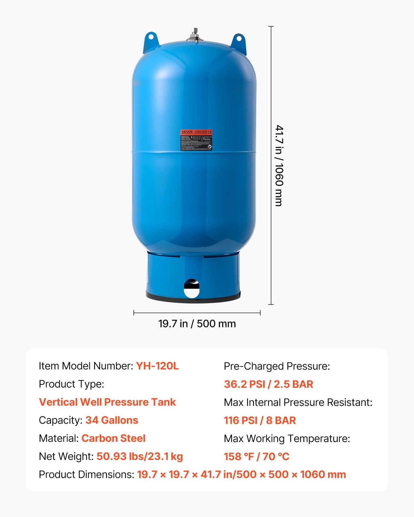 34-Gallon Vertical Well Pressure Tank, Pre-Charged Pressurized Water Tank for Well Pumps, Heavy-Duty Carbon Steel Water Storage Container for Home, School, Farm & Irrigation Systems