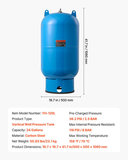 34-Gallon Vertical Well Pressure Tank, Pre-Charged Pressurized Water Tank for Well Pumps, Heavy-Duty Carbon Steel Water Storage Container for Home, School, Farm & Irrigation Systems