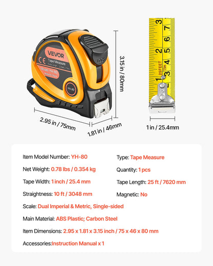 Tape Measure 25 ft Length, Measuring Tape with Retractable, Imperial and Metric ft/m Dual-Scale & ABS Case & Easy Read Steel Measurement Tool, for Outdoor,Decoration