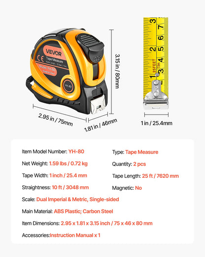 2 Packs Tape Measure 25 ft Length, Measuring Tape with Retractable, Imperial and Metric ft/m Dual-Scale & ABS Case & Easy Read Steel Measurement Tool,for Outdoor,Decoration