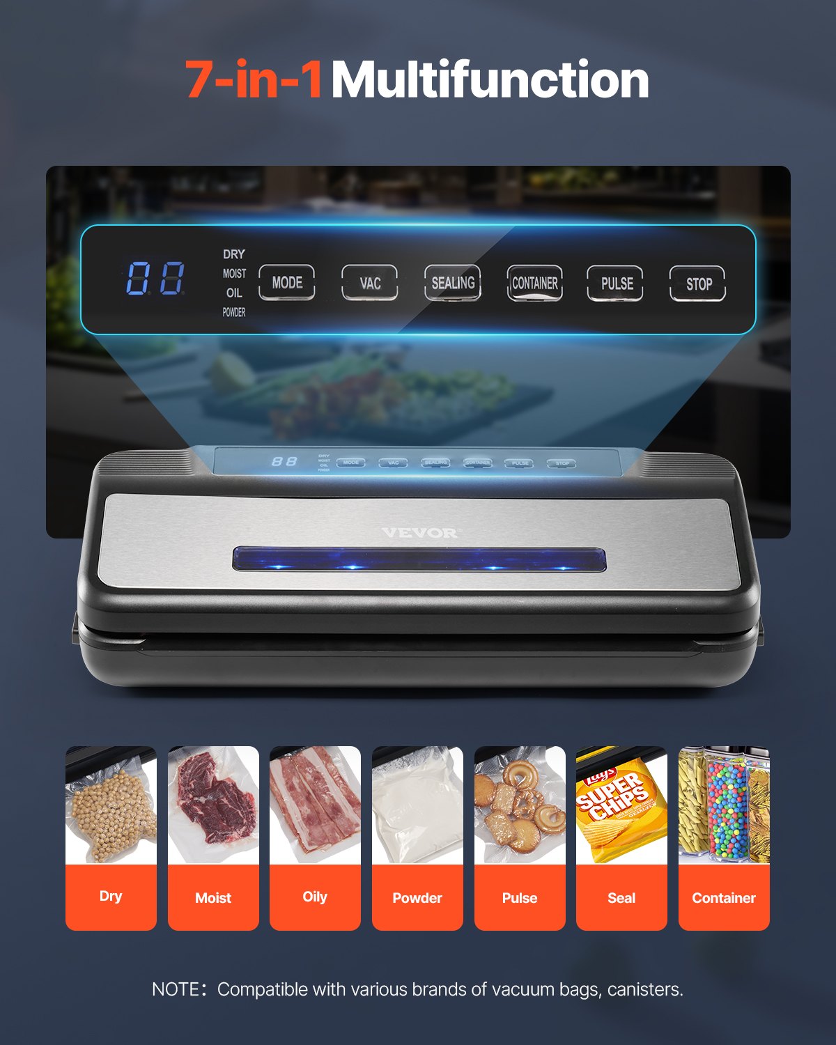 7-in-1 Vacuum Sealer Machine Compact Automatic Food Saver 120W Bags &amp; Roll