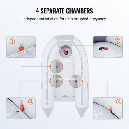 uppblåsbar jollebåt, 4-personers akterspegelsbåt, med marint trägolv och justerbar aluminiumbänk, 1000 lbs uppblåsbar fiskebåtsflotte, aluminiumåror, luftpump och bärväska |  EU