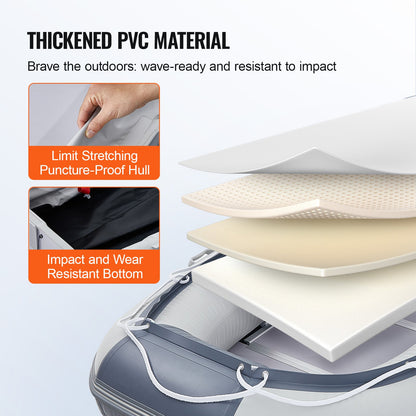 Uppblåsbar jollebåt, 6-personers akterspegelsbåt, med marint trägolv och justerbar aluminiumbänk, 1500 lbs uppblåsbar fiskebåtsflotte, aluminiumåror, luftpump och bärväska