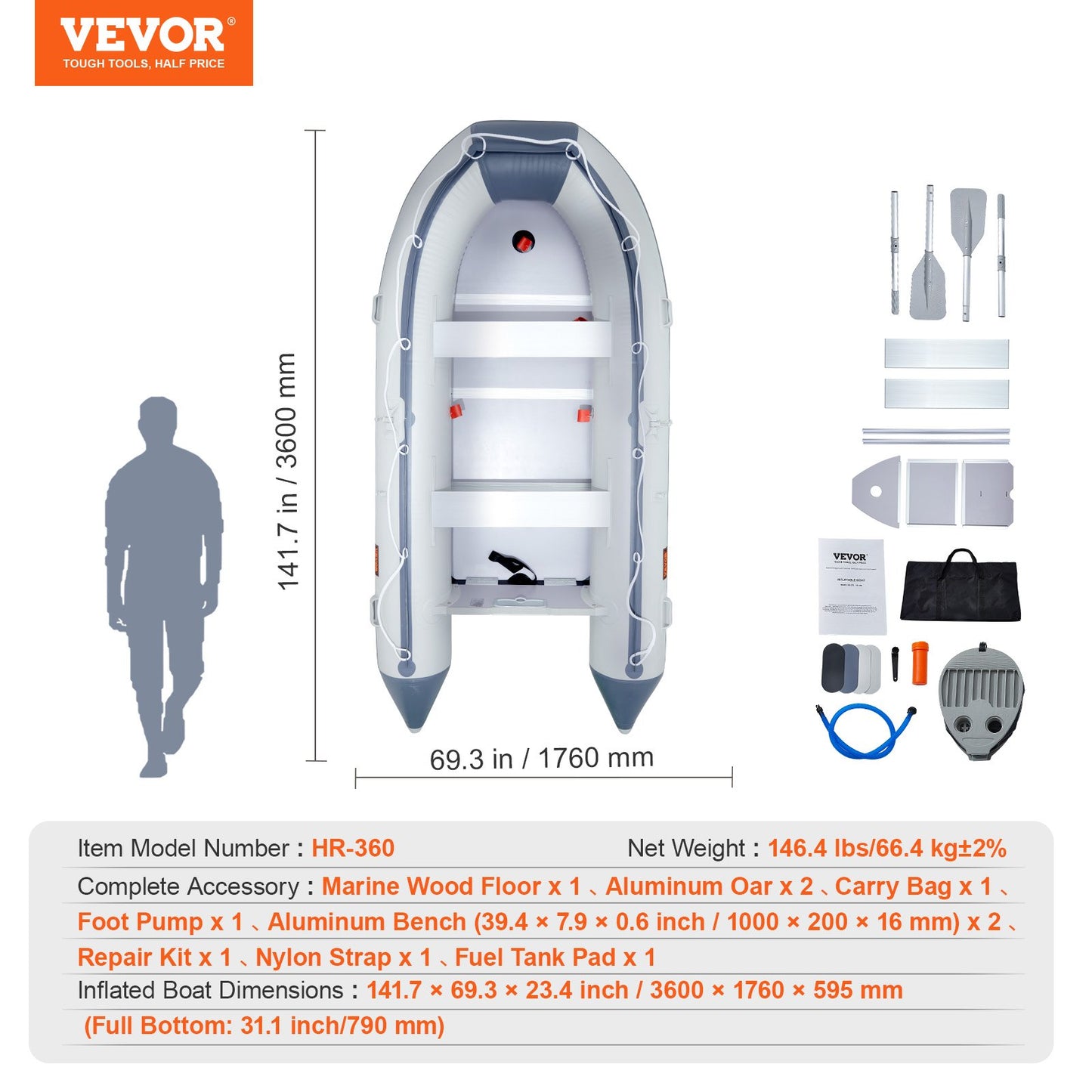Uppblåsbar jollebåt, 6-personers akterspegelsbåt, med marint trägolv och justerbar aluminiumbänk, 1500 lbs uppblåsbar fiskebåtsflotte, aluminiumåror, luftpump och bärväska