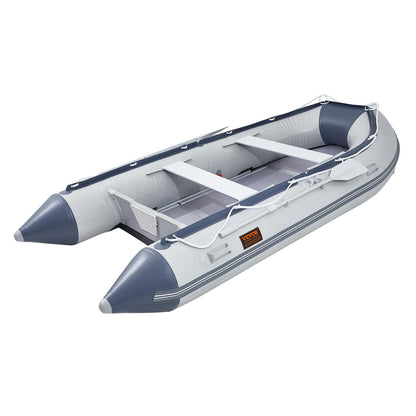 Uppblåsbar jollebåt, 6-personers akterspegelsbåt, med marint trägolv och justerbar aluminiumbänk, 1500 lbs uppblåsbar fiskebåtsflotte, aluminiumåror, luftpump och bärväska