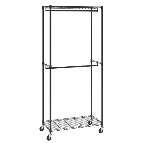 Heavy Duty Clothes Rack, Double Hanging Rods Clothing Garment Rack with Bottom and Top Storage Tier, Rolling Clothing Rack for Hanging Clothes, 1'' Diameter Thicken Steel Tube Hold Up to 300Lbs