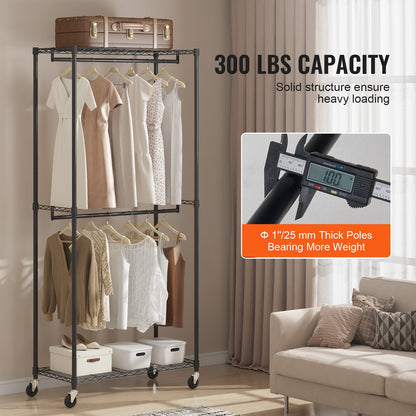 Heavy Duty Clothes Rack, Double Hanging Rods Clothing Garment Rack with Bottom and Top Storage Tier, Rolling Clothing Rack for Hanging Clothes, 1'' Diameter Thicken Steel Tube Hold Up to 300Lbs
