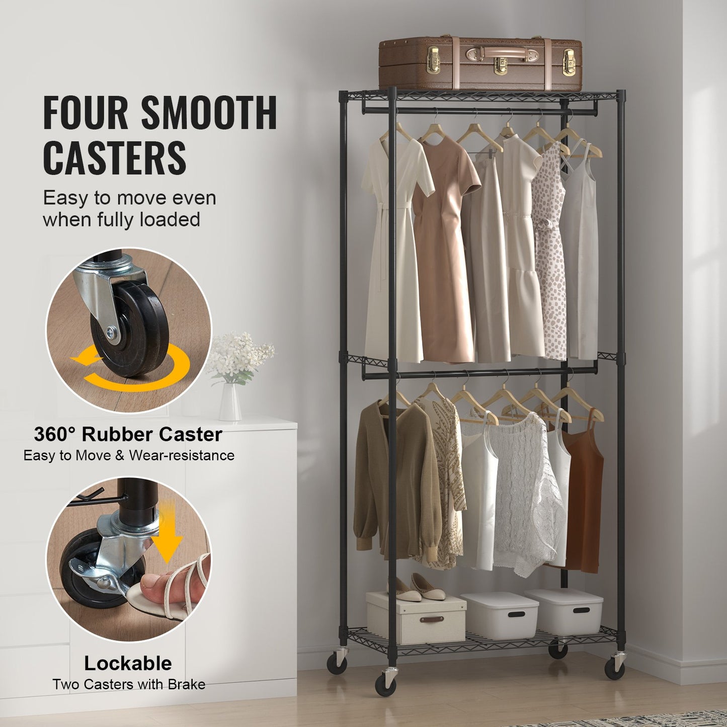 Heavy Duty Clothes Rack, Double Hanging Rods Clothing Garment Rack with Bottom and Top Storage Tier, Rolling Clothing Rack for Hanging Clothes, 1'' Diameter Thicken Steel Tube Hold Up to 300Lbs