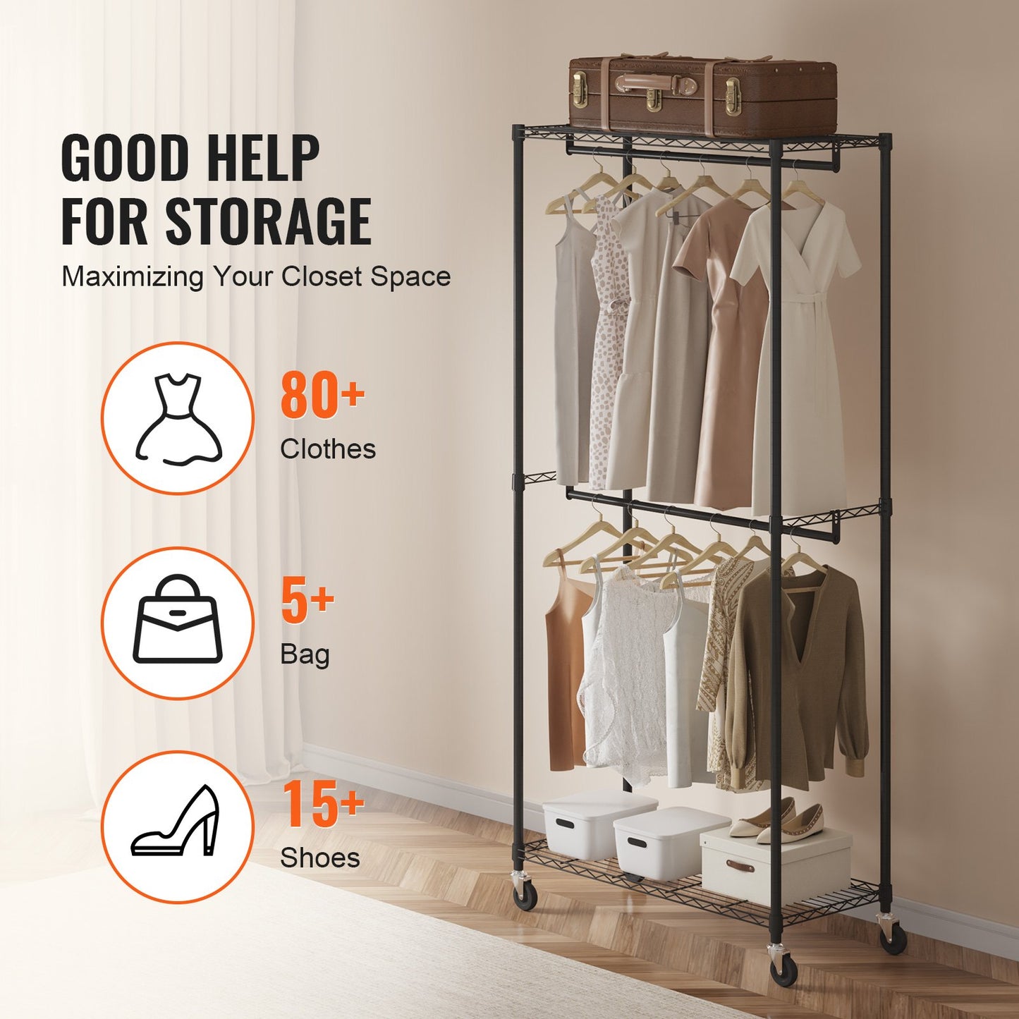 Heavy Duty Clothes Rack, Double Hanging Rods Clothing Garment Rack with Bottom and Top Storage Tier, Rolling Clothing Rack for Hanging Clothes, 1'' Diameter Thicken Steel Tube Hold Up to 300Lbs