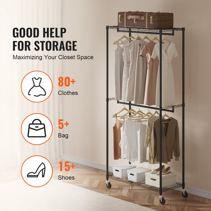 Heavy Duty Clothes Rack, Double Hanging Rods Clothing Garment Rack with Bottom and Top Storage Tier, Rolling Clothing Rack for Hanging Clothes, 1'' Diameter Thicken Steel Tube Hold Up to 300Lbs