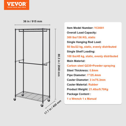 Heavy Duty Clothes Rack, Double Hanging Rods Clothing Garment Rack with Bottom and Top Storage Tier, Rolling Clothing Rack for Hanging Clothes, 1'' Diameter Thicken Steel Tube Hold Up to 300Lbs